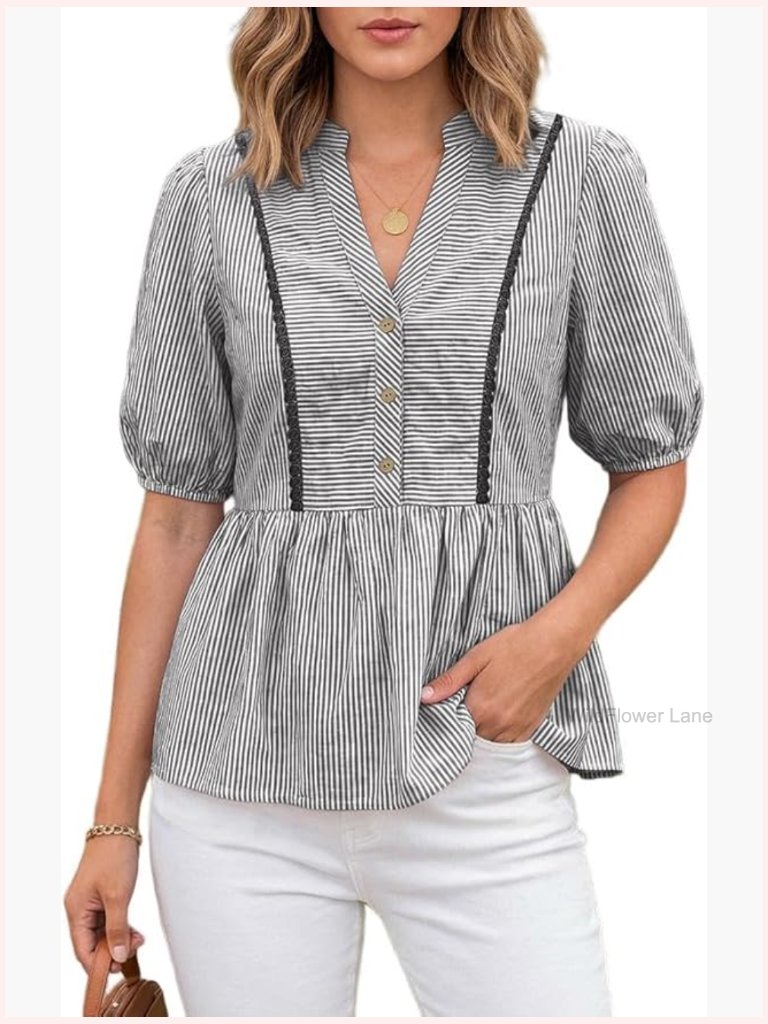 V Neck Peplum Tunic Blouse Short Lantern Sleeve Striped Top